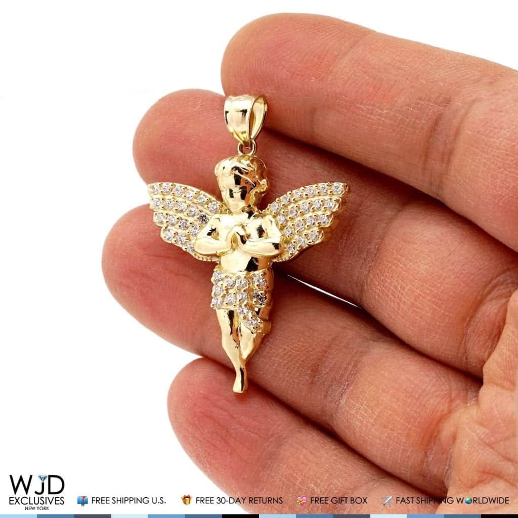 14K Solid Yellow Gold Simulated Diamond Religious Baby Angel Charm Pendant  | WJD Exclusives